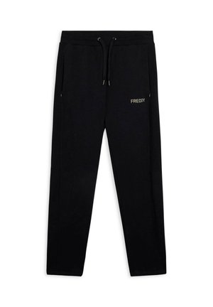 Pantalons de jogging noirs en tissu doux, dotés d'une taille élastique avec cordon de serrage, de poches latérales et d'un logo doré discret.