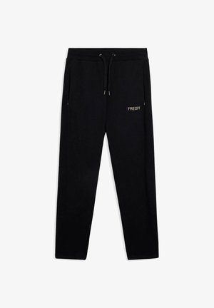 Pantalones jogger negros hechos de tela suave, con cintura elástica y cordón, bolsillos laterales y un sutil logo dorado.