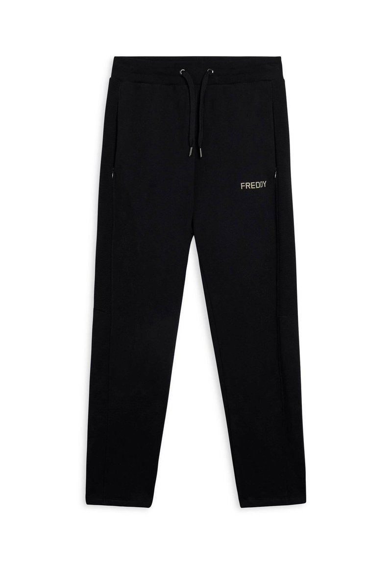 Pantaloni jogger neri realizzati in tessuto morbido, dotati di una vita elastica con coulisse, tasche laterali e un logo dorato discreto.