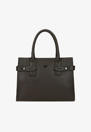 Borsa a mano in pelle marrone scuro con finitura testurizzata, dotata di manici corti e un delicato accento logo. Forma strutturata con dettagli a fibbia.