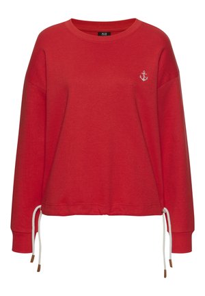 Red cotton sweatshirt with long sleeves, round neckline, and an anchor logo. Features adjustable drawstrings at the hem and ribbed cuffs.