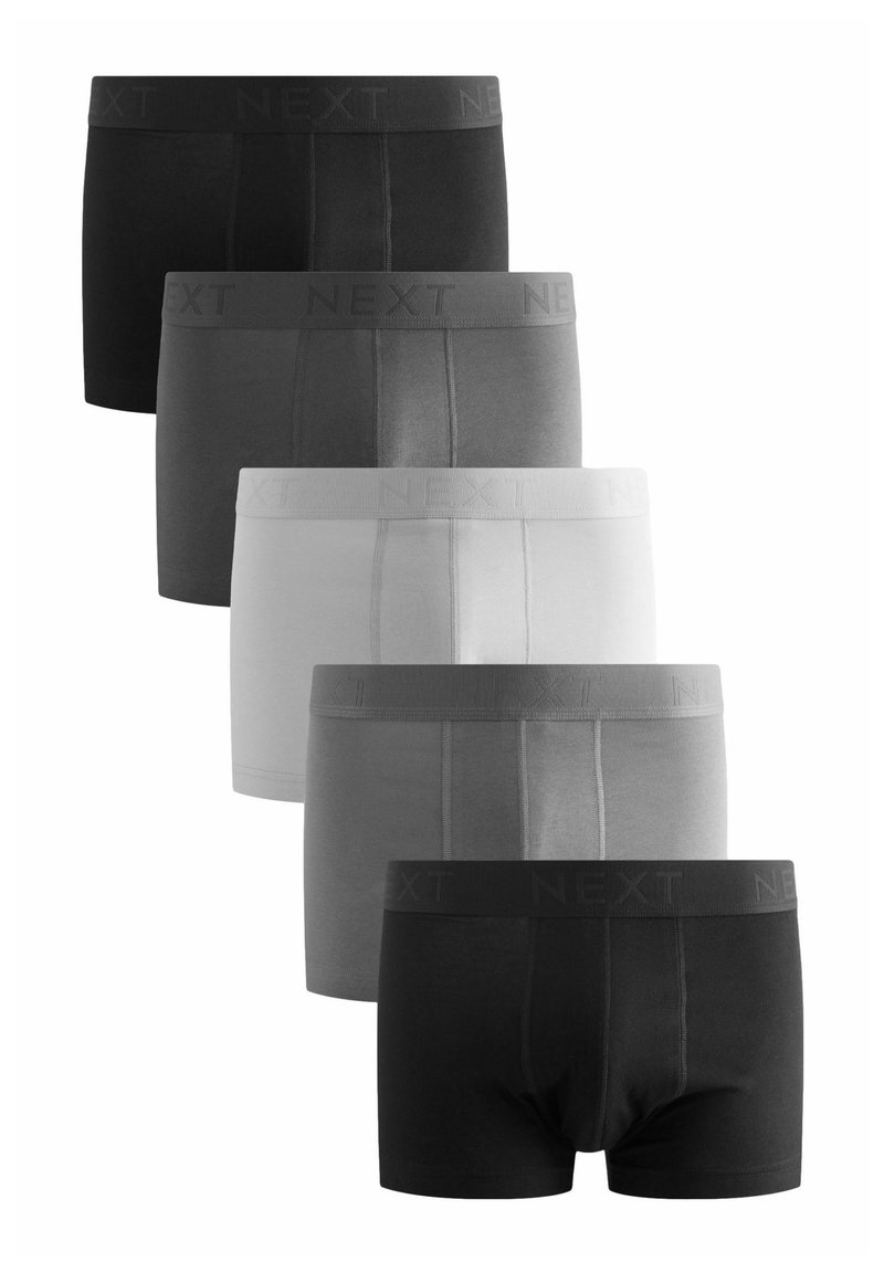 Pack de cinco calzoncillos tipo boxer en diferentes tonos: negro, gris oscuro, gris medio, gris claro y blanco. Con cinturas elasticadas que llevan el logo.