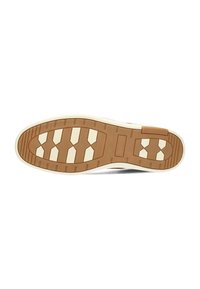 Suela de zapato de goma con una combinación de colores marrón y crema. Presenta una textura en los surcos y una forma contorneada para mayor agarre y soporte.