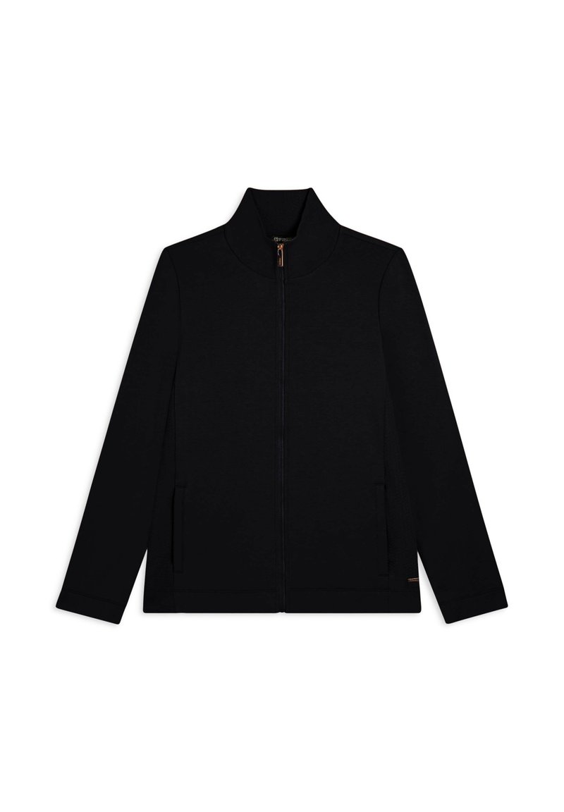 Giacca nera con zip, colletto alto, maniche lunghe e tasche laterali. Realizzata in tessuto liscio con dettagli di cuciture minime.