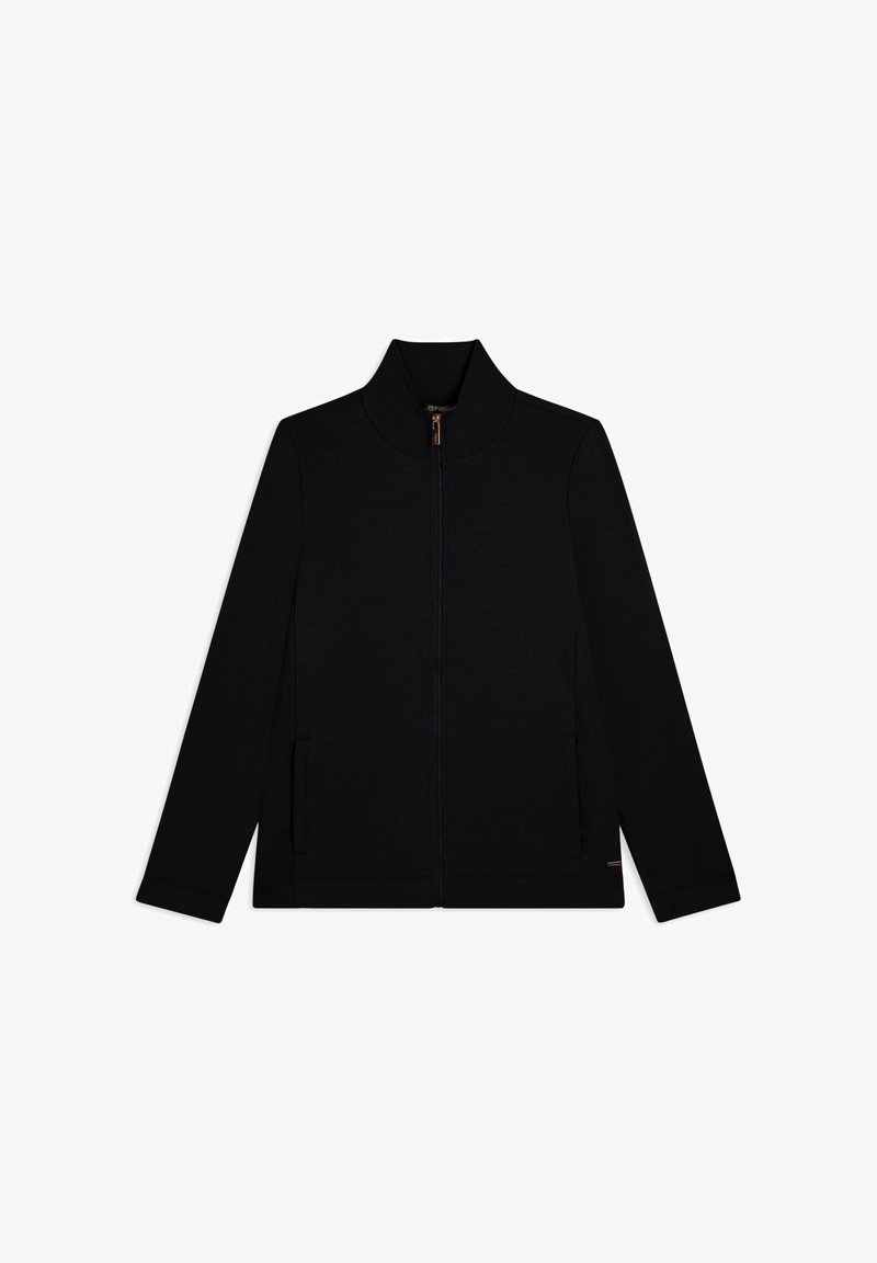 Giacca nera con zip, colletto alto, maniche lunghe e tasche laterali. Realizzata in tessuto liscio con dettagli di cuciture minime.
