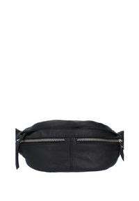 Črna usnjena pasna torbica z dvema vodoravnima srebrnima zadrgama in nastavljivimi stranskimi paščki, prikazana na belem ozadju.