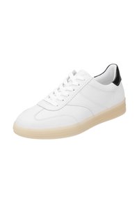 Hvide lædersneakers med lav profil, textured overdel og sort hælaccents. Har snørebåndsdesign og gennemsigtig gummisål.