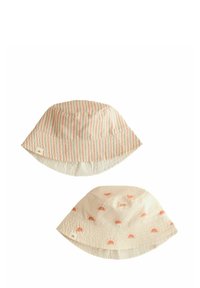 Twee stoffen emmerhoeden: de ene met roze en crèmekleurige strepen, de andere in crèmekleur met kleine oranje zonpatronen. Zachte textuur, brede randen.
