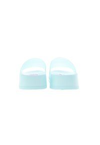 Translucent light blue sandals with a flat sole, open back, and wide straps. Flat textured footbed and branded logo visible.