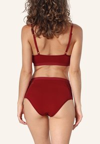 Rotes Lingerie-Set mit einem BH mit verstellbaren Trägern und passenden hochgeschnittenen Slips. Der Stoff ist glatt und mit dekorativen Spitzendetails versehen.