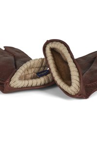 Brune skinnhansker med myk beige strikkforet. Hanskene har design med åpen mansjett, som viser fram den indre teksturen og fargen.