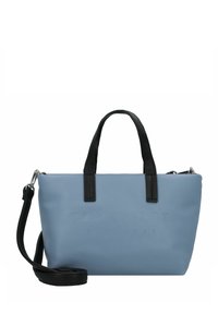 Sac à main synthétique bleu avec des poignées noires et une bandoulière réglable. Présente un logo en relief sur le devant et une forme rectangulaire structurée.