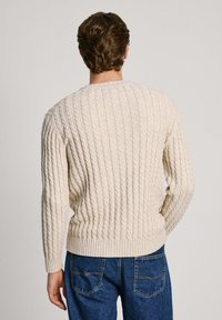 Beige Kabelstrickpullover mit geripptem Saum und Ärmeln. Verfügt über ein strukturiertes Muster und einen runden Halsausschnitt, kombiniert mit blauen Jeans. Rückansicht.