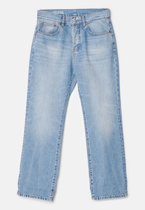 Lysblå lige ben jeans lavet af denim. De har fem lommer, en lynlåsguam og diskrete slidser langs benene.