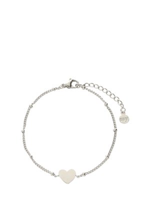 Silbernes Kettenarmband mit einem zentralen herzförmigen Anhänger und einem verstellbaren Verschluss mit kleinem rundem Anhänger.