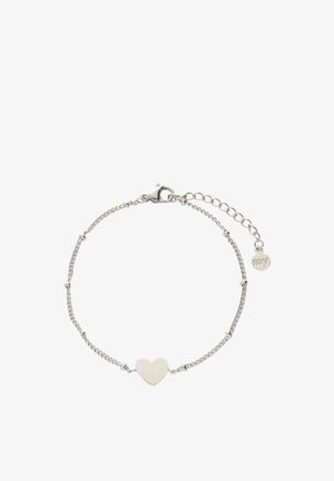 Silbernes Kettenarmband mit einem zentralen herzförmigen Anhänger und einem verstellbaren Verschluss mit kleinem rundem Anhänger.