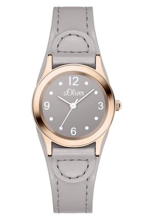 Gråt ur med rund kasse i guldton, hvide timeindikatorer og gråt læderrem med syninger, der viser tiden 10:10:35.