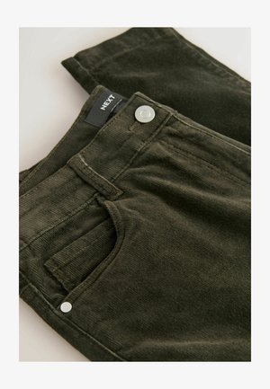 Olive rohelised kordpüksid nupuga sulgemisega, millel on ees tasku ja must sildikest. Pehme tekstuur ja soonik kangas.