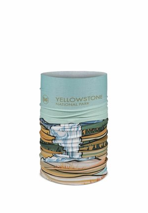 Braga de cuello tipo Buff con el logo del Parque Nacional de Yellowstone e ilustración de una cascada y paisaje forestal en tonos azules, verdes y tostados.