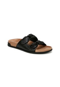 Zwarte leren slide sandaal met twee geknoopte banden, kurken voetbed en gerekwesteerd zwarte buitenzool. Zachte binnenvoering voor comfort.