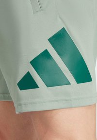 Helle grüne Sportschorts mit einem großen dunklen grünen Drei-Streifen-Logo-Design an der Seite, aus strukturiertem Material gefertigt.