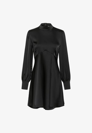 Schwarzes Satin-Kleid mit Stehkragen, langen Puffärmeln und tailliertem Oberteil. Verfügt über eine ausgestellte Silhouette und einen dezenten Glanz.