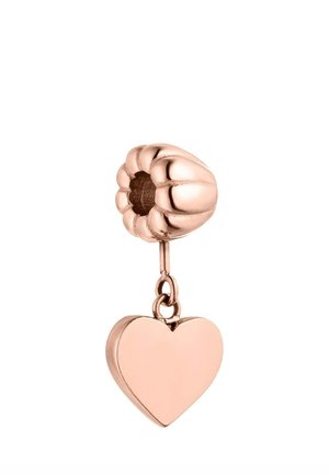 Rose gold charm with a fluted bead top and a smooth heart-shaped pendant hanging below.