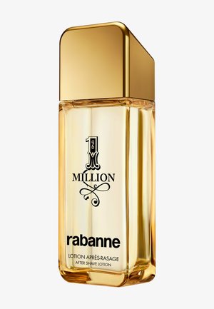 Golden rectangular bottle of 1 Million Rabanne after shave lotion with black decorative text and a shiny gold cap.