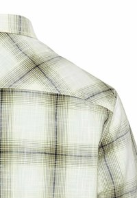 Korte mouwen geruit shirt in lichtgroene en beige tinten. Kenmerkt zich door een geruit patroon met subtiele donkere lijnen en een gladde textuur.