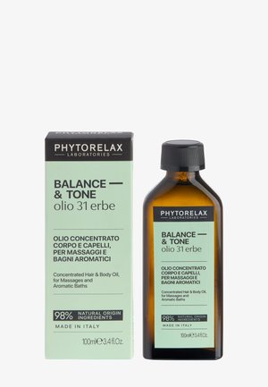 Phytorelax Balance & Tone huile concentrée pour cheveux et corps pour massages et bains aromatiques, flacon ambré de 100 ml avec boîte verte assortie.