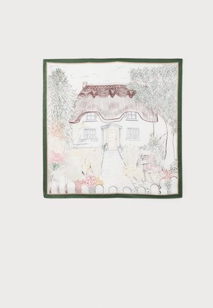 Quadratischer Schal mit einer handgezeichneten Illustration eines strohgedeckten Häuschens, umgeben von Bäumen, Blumen und einem Weg, eingerahmt von einem grünen Rand.