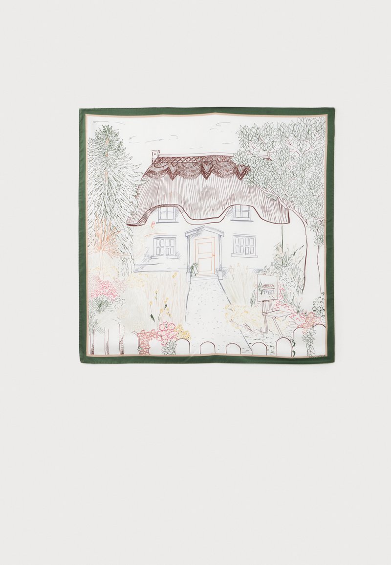 Foulard carré avec une illustration dessinée à la main d'un cottage en chaume entouré d'arbres, de fleurs et d'un chemin, encadré par une bordure verte.