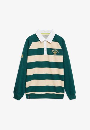 Polo a maniche lunghe con righe orizzontali verdi e crema, colletto bianco, logo "Monaco" ricamato e polsini a costine.