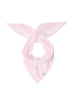 Hellrosa Baumwollschal, locker zu einem Knoten gefaltet, mit spitzen Enden und einem kleinen weißen Markenzeichen an einer Ecke.