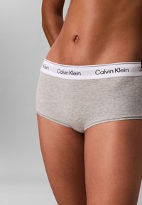 Detail osoby nosiacej šedé spodné prádlo Calvin Klein s bielym pásom, zobrazujúci dolnú časť trupu a horné stehná na jednofarebnom pozadí.