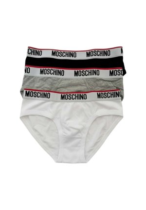 Tre paia di slip da uomo Moschino in bianco, grigio e nero con fascia in vita brandizzata con una striscia rossa.