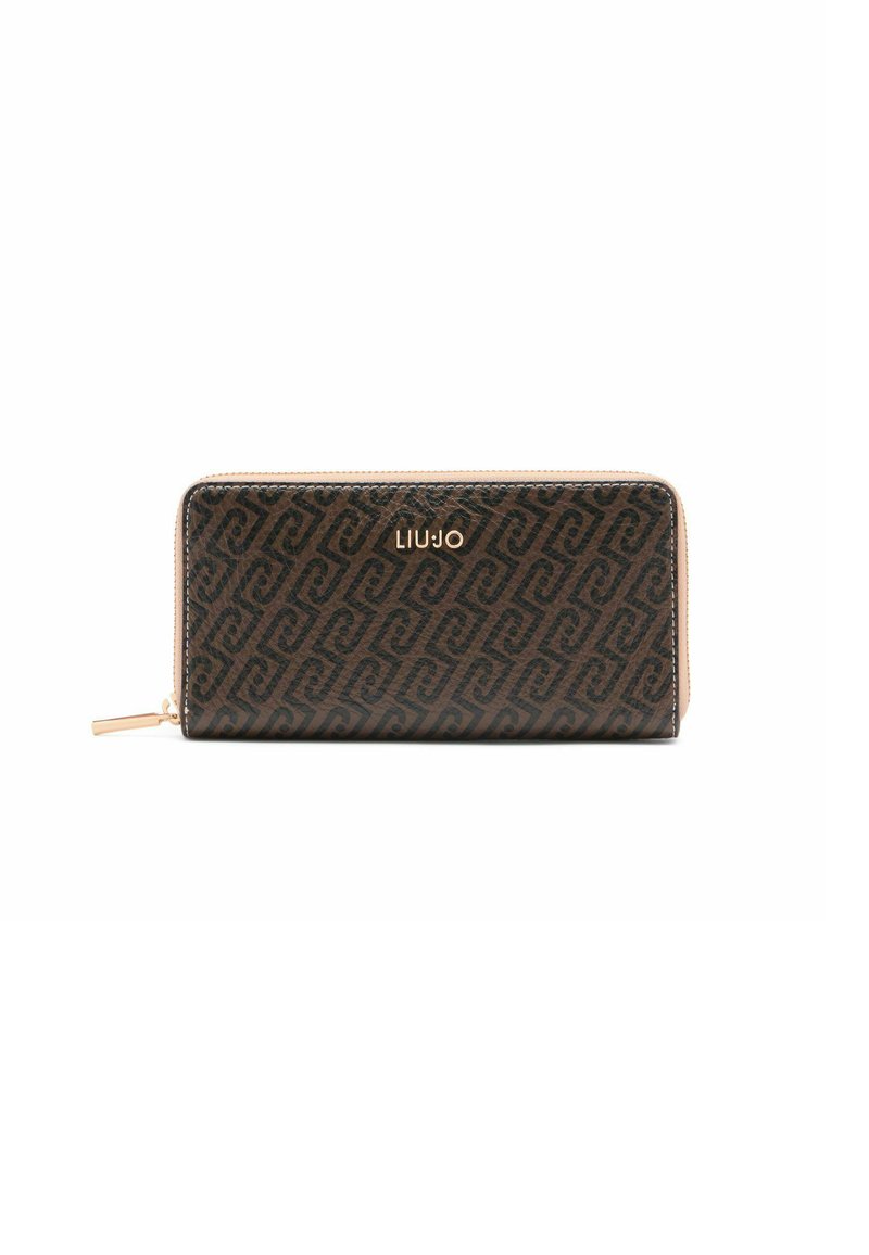 Portafoglio sintetico marrone con un motivo geometrico, logo dorato e chiusura a zip. Presenta una texture liscia e un accento chiaro a contrasto.