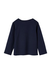 Navyblaues Langarm-Shirt aus Baumwolle mit weitem Rundhalsausschnitt und geradem Saum. Der Stoff wirkt glatt mit minimalen Nähten.