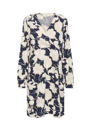 Rochie maxi cu flori în nuanțe de bleumarin și crem, cu mâneci lungi, decolteu în v, și un material moale cu textură, împodobit cu un model floral delicat.