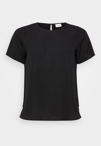 Zwarte top met korte mouwen en een ronde halslijn, voorzien van een subtiele structuur en een klein uitsnijdend detail aan de achterkant. Gladde stofafwerking.