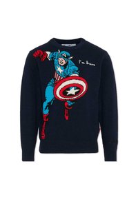 Granatowy sweter z dzianiny z motywem Kapitana Ameryki, o żywych kolorach, teksturowanej tkaninie i napisie "Jestem odważny" z przodu.
