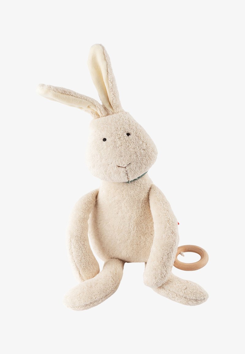 Soft, plush cream-colored rabbit toy with long ears, rounded body, and wooden teething ring. Features stitched face and minimal detailing.