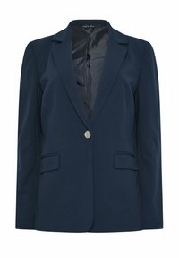 Marineblauw colbert met één knoop, met inkeping revers, twee klepzakken aan de voorkant en zwarte voering, frontaal getoond.