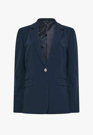 Blazer azul marino de un solo botón con solapas de muesca, dos bolsillos frontales con solapa y forro interior negro, mostrado de frente.