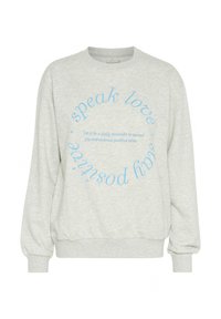 Šedá mikina s dlouhými rukávy, kulatým výstřihem a modrým textem "speak love" uspořádaným do kruhu. Měkká textura, žebrované manžety a lem.