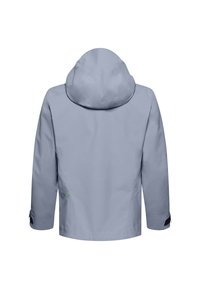 Light blue waterproof jacket with a hood, curved hem, and adjustable cuffs. Features a green accent near the side seam.