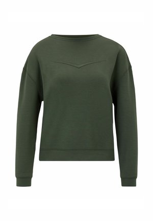 Dark green sweatshirt with long sleeves, crew neck, and a subtle chevron stitch detail at the chest. Made from a smooth, soft material.