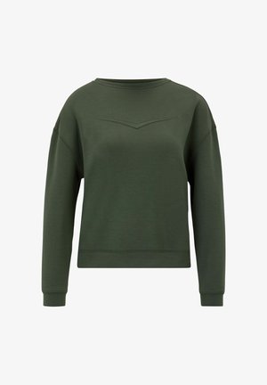 Dark green sweatshirt with long sleeves, crew neck, and a subtle chevron stitch detail at the chest. Made from a smooth, soft material.