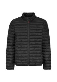 Czarna, pikowana kurtka z wysokim kołnierzem i pełnym zapięciem na zamek. Posiada poziome pikowanie oraz subtelne czerwone akcenty w pobliżu zamka.