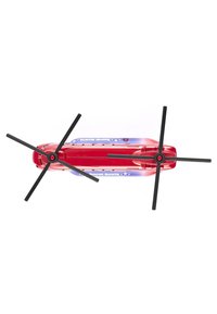 Red and blue plastic helicopter toy with black rotor blades and detailed star patterns on the sides. Features an elongated body and smooth finish.